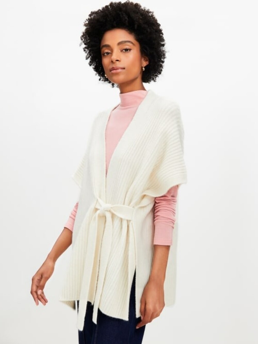 LOFT Cream Rib-Knit Faux Wrap Sweater